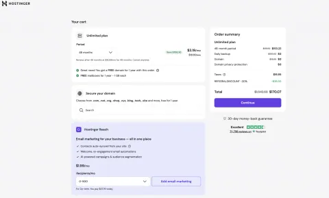 Step 2 — Hostinger cart with REFERRALDISCOUNT -20% applied automatically from code warcks
