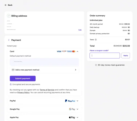 Step 5 — Hostinger payment page with the 'Have a coupon code?' field for code warcks and the Submit payment button