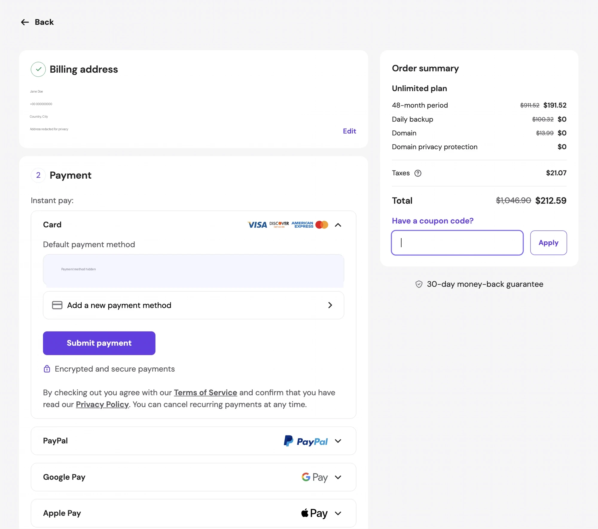 Step 5 — Hostinger payment page with the 'Have a coupon code?' field for code warcks and the Submit payment button